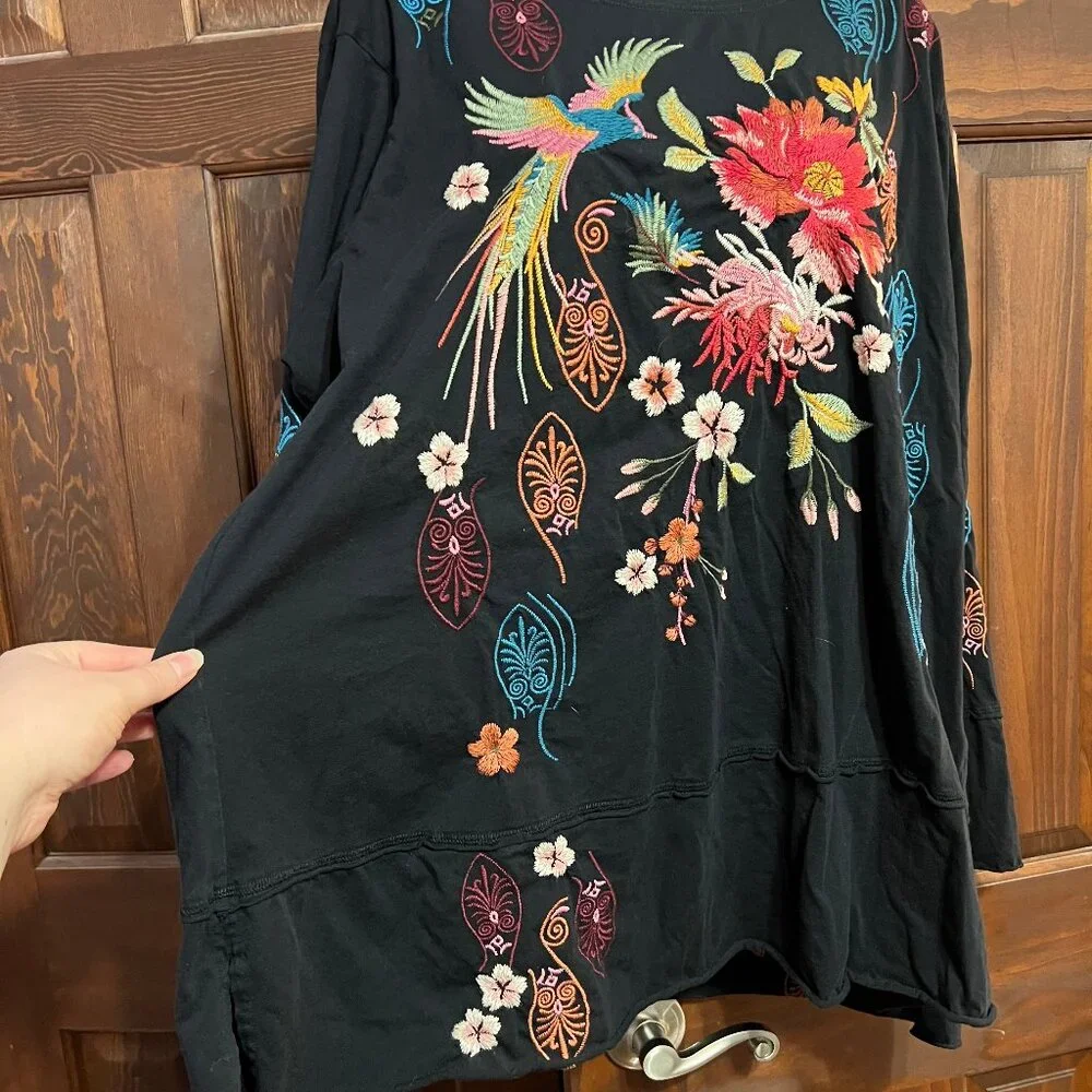 Johnny Was Colorful Floral Bird Embroidery Cotton Shirt Long Sleeve whimsigoth - Picture 4 of 14